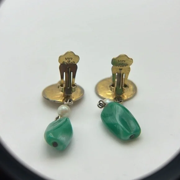 Vintage Kenneth Lane gold tone medallion faux pearl & jade dangly clip earrings